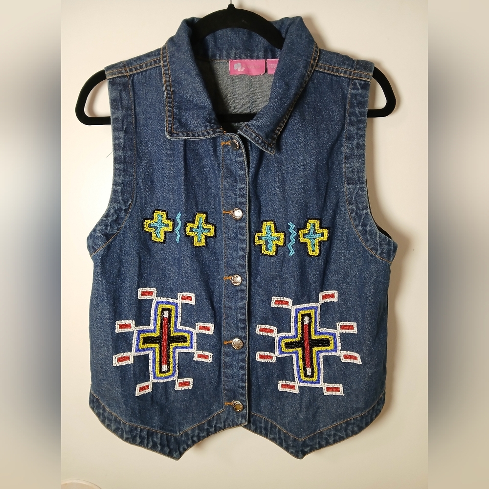 Vintage Raviya Women's Beaded Cross‎ Denim Vest Boho Western Style Size L